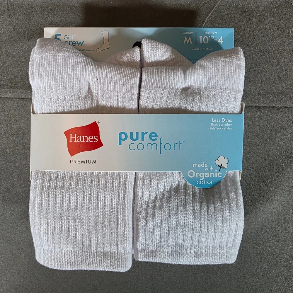 Hanes Premium Pure Comfort Girls Crew Socks 5 Pair White Organic Cotton Size M